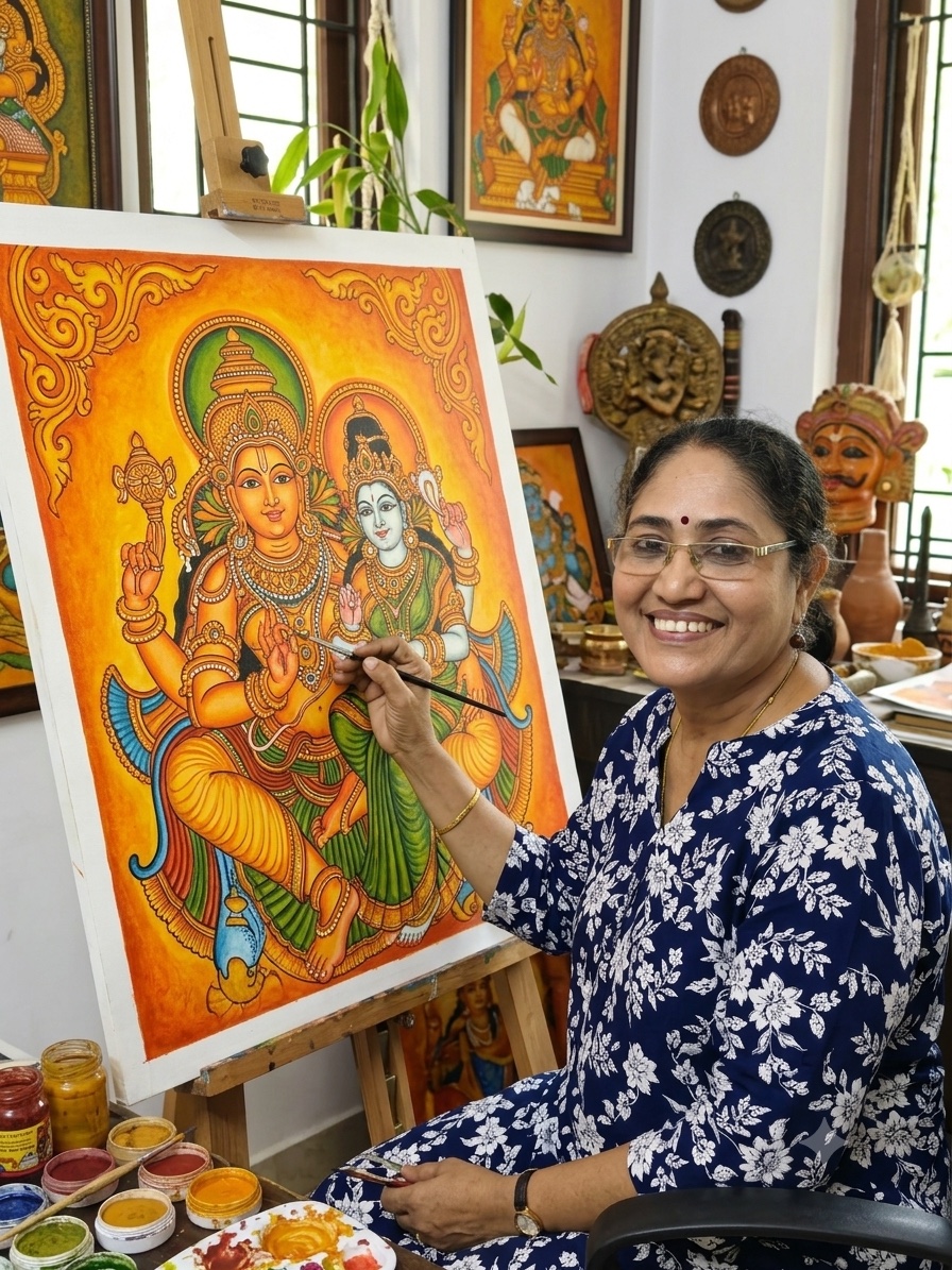 Vandana Kamath at her easel, painting a Kerala mural, with pots of acrylic colour in front of her and framed murals on the wall behind.